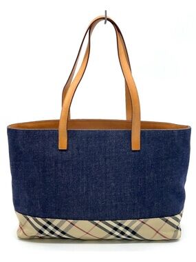 Burberry Navy Denim & Beige Plaid Tote with Tan Leather Handles
